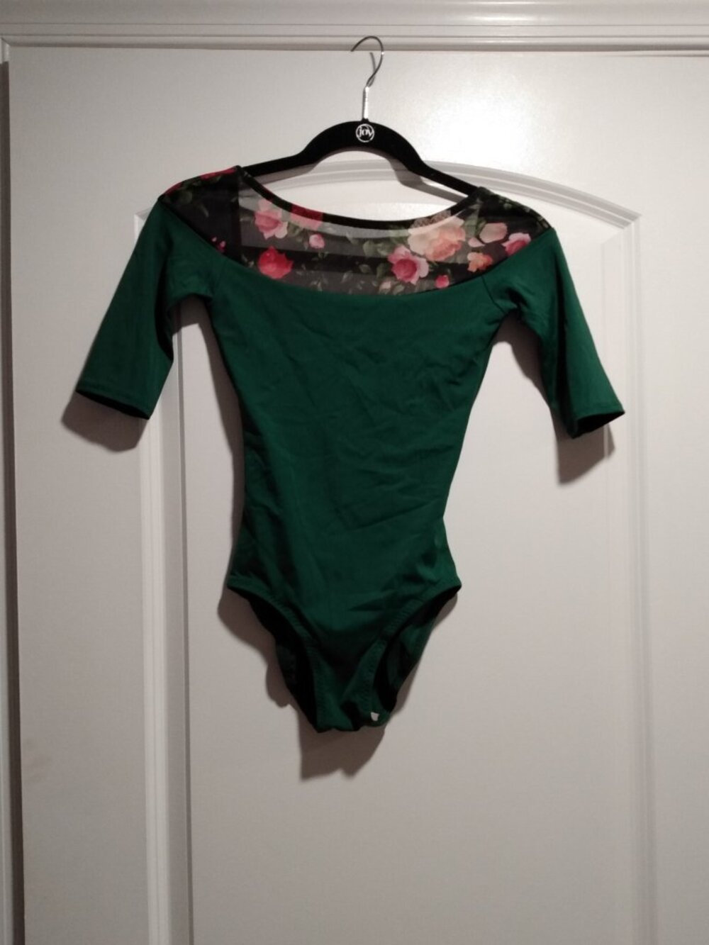 Kathryn Morgan Green and Floral Mesh Half Sleeve Boatneck Dance Leotard